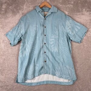 Tommy Bahama Shirt Mens Large Blue 100% Silk Tropical Leaf Aloha Camp Button Up